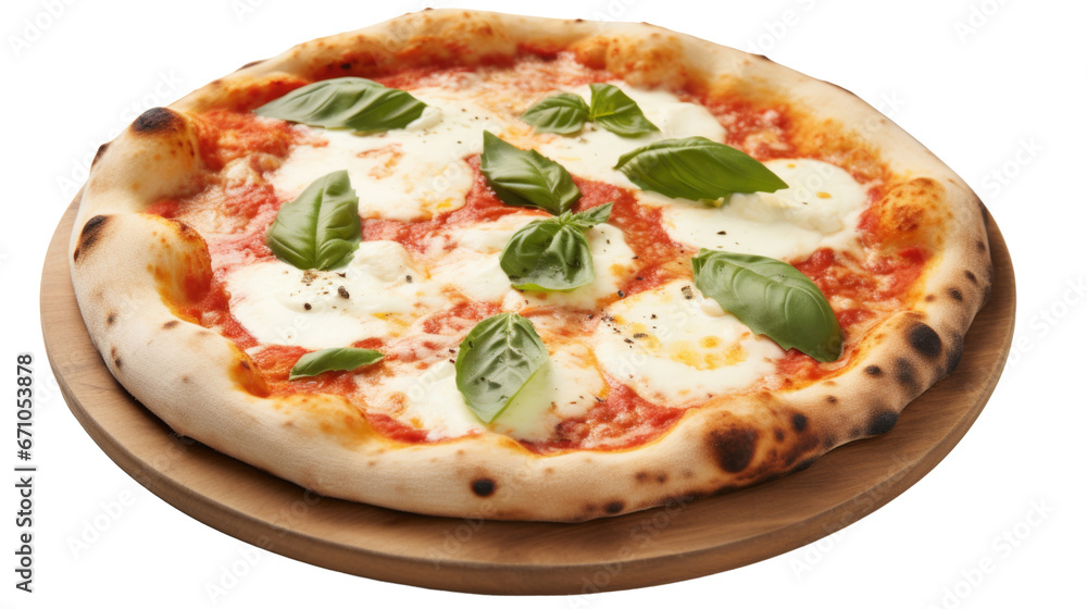 Classic Pizza Margarita on food tray with mozzarella cheese, basil and tomato, template for your design and menu of restaurant, isolated white background.