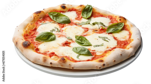 Classic Pizza Margarita on plate with mozzarella cheese, basil and tomato, template for your design and menu of restaurant, isolated white background.