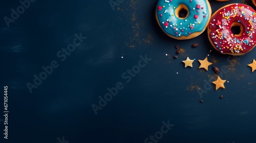 Donuts on dark blue background, Generative AI