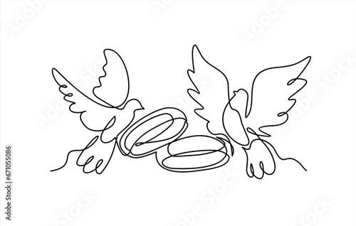Hand drawn one line vector.Wedding day. Wedding rings and flying pigeons vector one continuous line art. Illustration with quote template. Can used for logo, banner, booklet, flyer, brochure