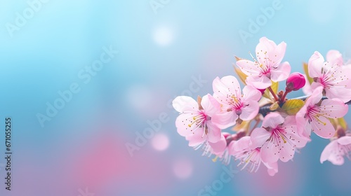  a branch of pink flowers on a blue and pink background. generative ai