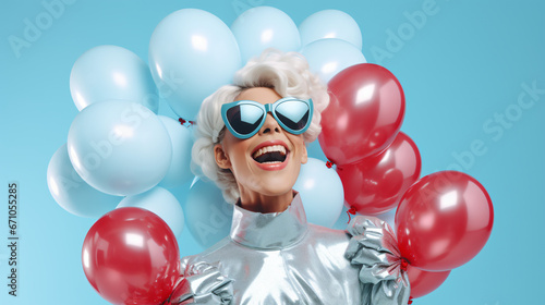 Overjoyed fashionable woman has fun on party covers face with palm dressed in stylish holds bunch of inflated balloons enjoys festive celebration isolated over blue background