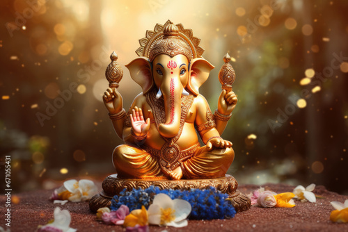 Hindu Lord Ganesha with blurry beautiful and colorful decorative background, Ganesha Ganpati statue, Ganesha festival, Hindu lord concept.