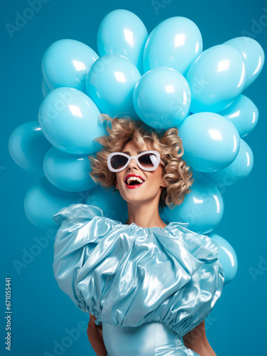 Overjoyed fashionable woman has fun on party covers face with palm dressed in stylish holds bunch of inflated balloons enjoys festive celebration isolated over blue background