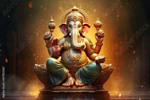 Hindu Lord Ganesha with blurry beautiful and colorful decorative background, Ganesha Ganpati statue, Ganesha festival, Hindu lord concept.