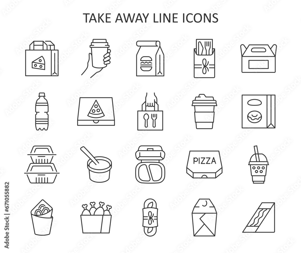 Take away food and drink line icon set. Fast food package. Delivery service vector collection with bottle, coffee cup, bag, pizza, packet, container. Take away food and drink line icon set. Fast food package. Delivery service vector collection with bottle, coffee cup, bag, pizza, packet, container.