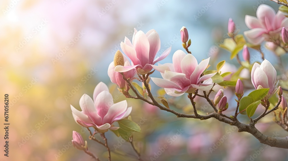  a branch with pink flowers and green leaves in the sunlight.  generative ai