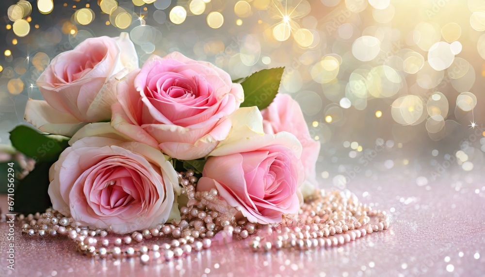 Fototapeta premium Bouquet of pink roses with pearls on a table