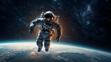 Astronaut spaceman do spacewalk while working for space station.