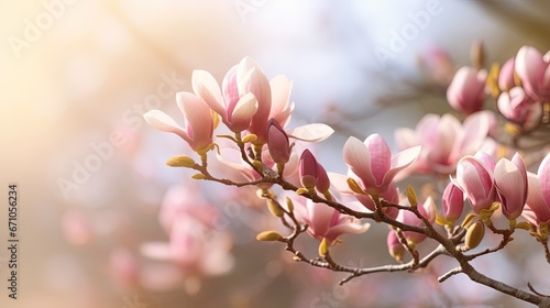  a close up of a pink flower on a tree branch. generative ai