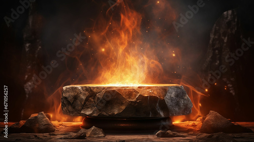 Pedestal stone podium in Fire with fire spark on drak background. made with generative ai