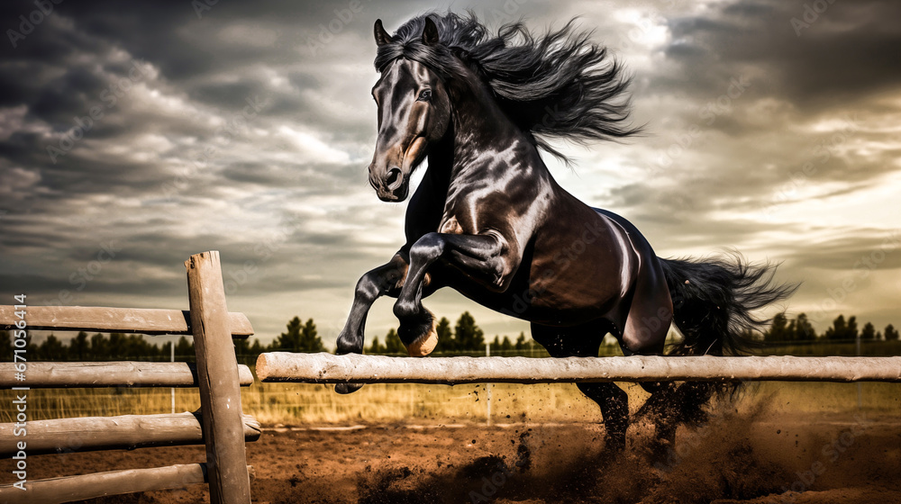 Beautiful bay stallion jumping over a wooden fence. 
Black horse  jumping over obstacle in equestrian sports arena. - obrazy, fototapety, plakaty 