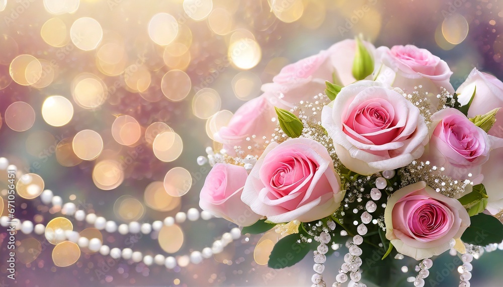 Bouquet of pink roses with pearls on a table Bouquet of pink roses with pearls on a table
