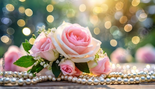 Bouquet of pink roses with pearls on a table
