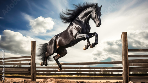 Beautiful bay stallion jumping over a wooden fence. Black horse jumping over obstacle in equestrian sports arena.