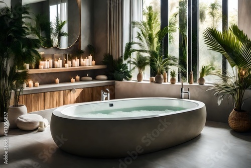 oft native hues organic shapes look of bathroom with big window oval bathtub in neutrals tones. Green palm plants candles bubblebath leasure and relaxation skin selfcare wellness luxury living.