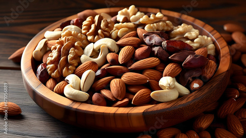 Mix of nuts in a wooden bowl on a dark wooden background. Almonds, hazelnuts and cashews.