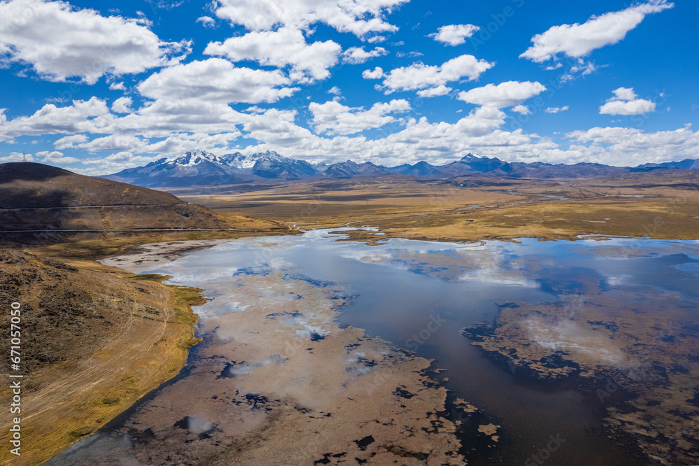 Aerial view of the Conococha lagoon in the mountains of Ancash.