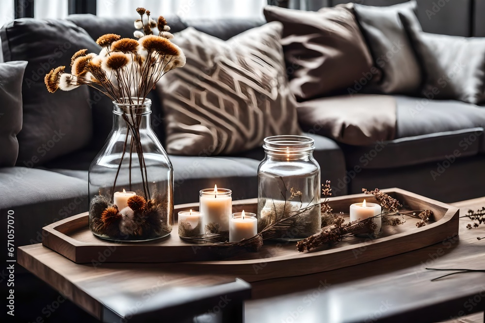 Home interior decor in gray and brown colors: glass jar with dried flowers, vase and candle on the wooden tray on the coffee table over sofa with cushions