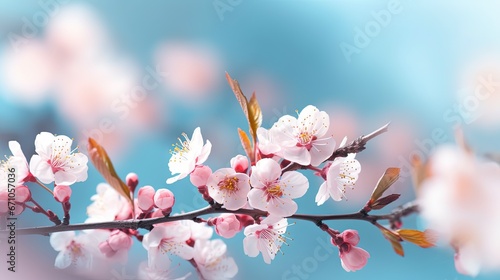  a branch with pink flowers on it against a blue background.  generative ai