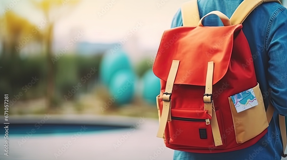 Back view of traveler wearing red vintage backpack in blurred background. traveler concept . - obrazy, fototapety, plakaty 