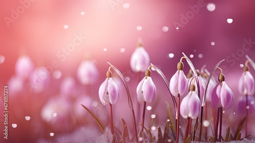  a group of pink flowers with snow on them in the snow. generative ai