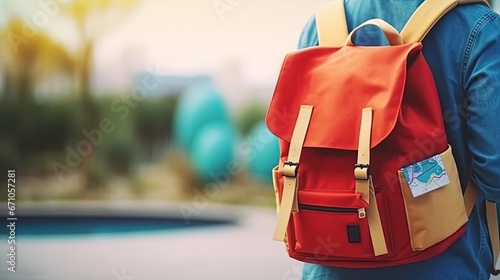 Back view of traveler wearing red vintage backpack in blurred background. traveler concept . photo