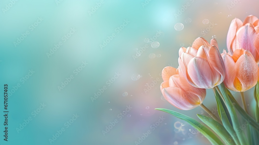  a bouquet of pink tulips on a blue background.  generative ai