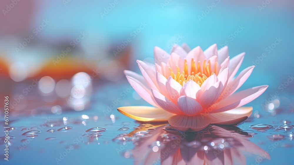  a pink water lily floating on top of a blue surface.  generative ai