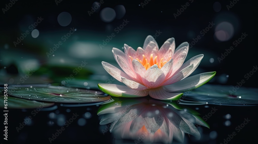 a pink water lily floating on top of a pond of water. generative ai a pink water lily floating on top of a pond of water. generative ai