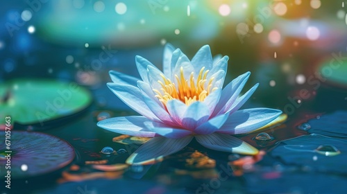 a white water lily floating on top of a pond of water. generative ai