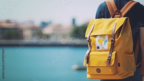 Back view of traveler wearing yellow vintage backpack in blurred background. traveler concept .