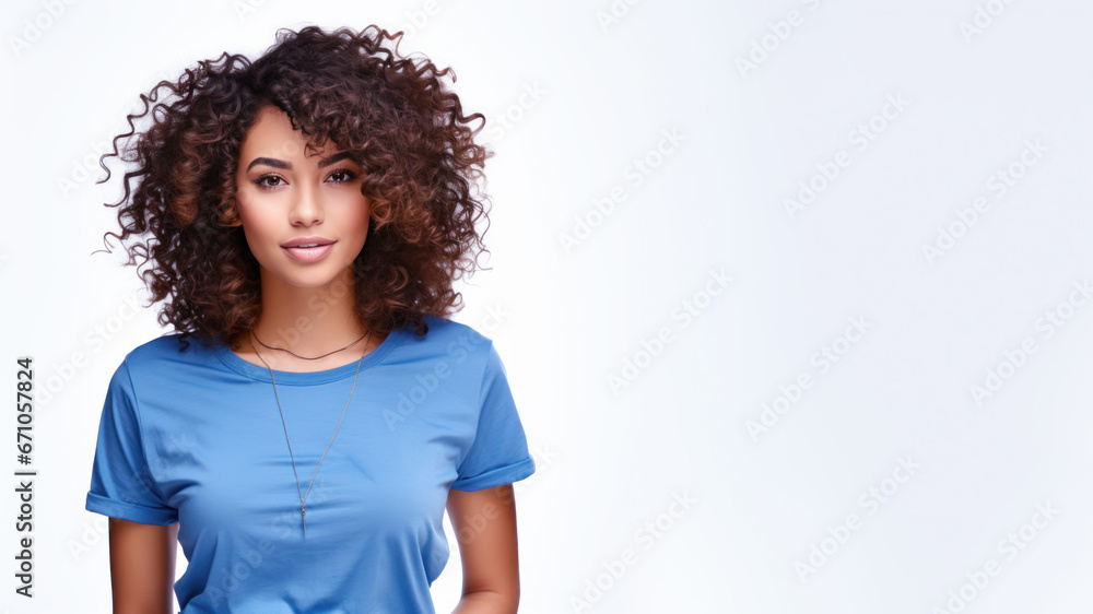 Afro american woman wearing blue t-shirt isolated on gray background Afro american woman wearing blue t-shirt isolated on gray background