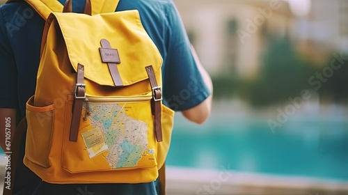 Back view of traveler wearing yellow vintage backpack in blurred background. traveler concept .