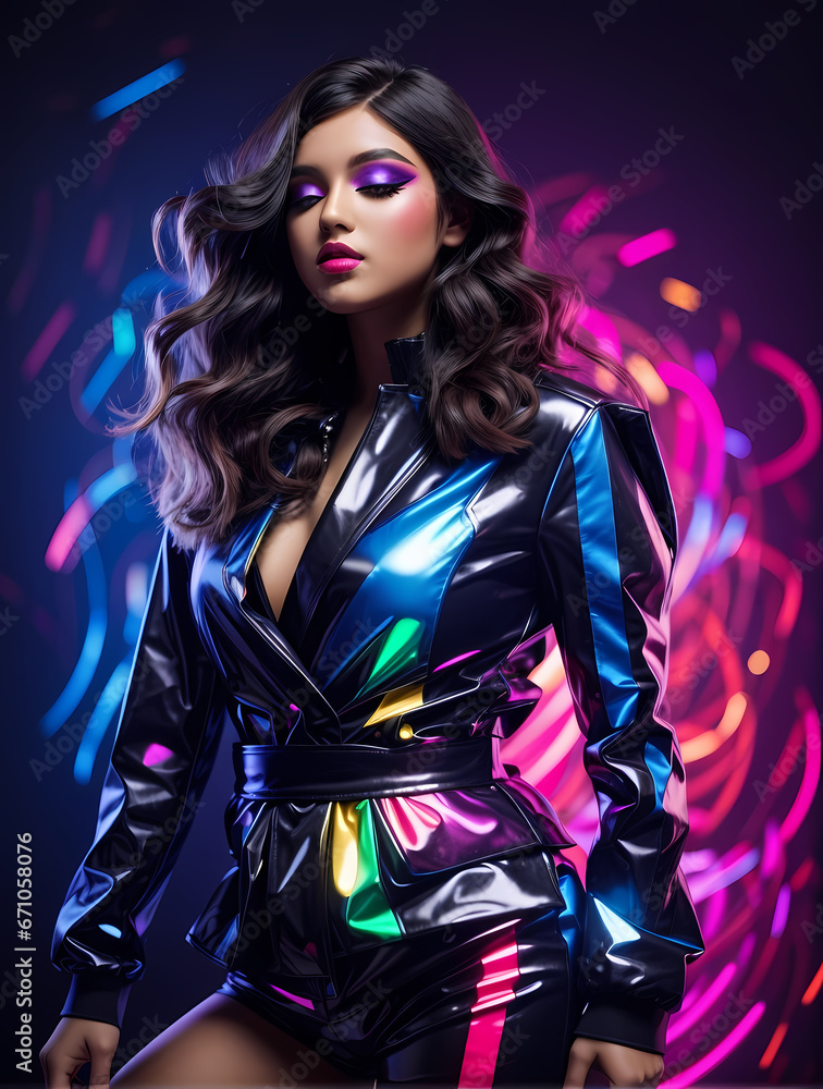 Sexy glamor woman in green sequins evening dress in night club or bar against red wall with neon letters. Fashion style portrait Sexy glamor woman in green sequins evening dress in night club or bar against red wall with neon letters. Fashion style portrait
