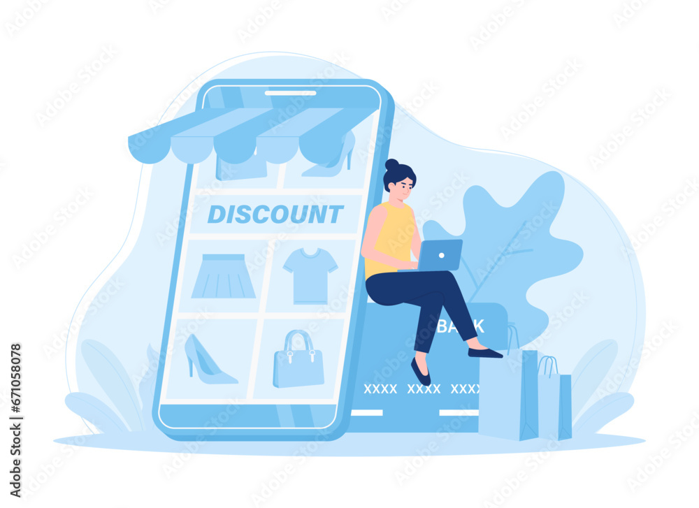 Woman sitting on a credit card shopping online concept flat illustration