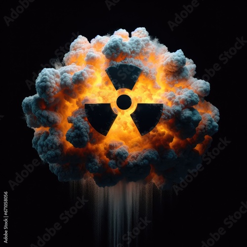 radiation hazard sign  isolated black background with fir smoke 