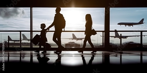 Silhouette of young family with luggage walking at airport, travel concept in airport