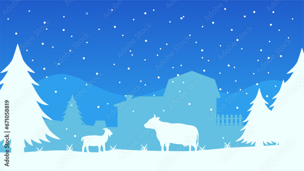 Cold season countryside landscape vector illustration. Farm silhouette landscape with livestock in winter season. Rural agriculture silhouette for background, wallpaper or landing page