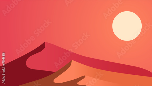 Desert landscape vector illustration. Red sand desert landscape with heat sun and dune. Subtropical desert landscape for background, wallpaper or landing page
