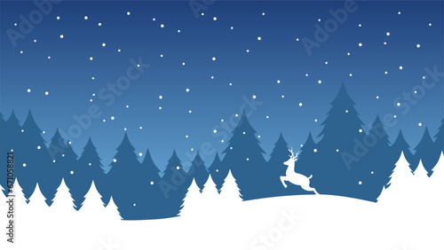 Winter season landscape vector illustration. Winter background of reindeer in snowy pine forest. Silhouette of cold season landscape for background or wallpaper