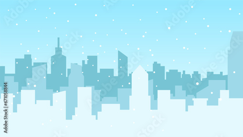 Cold season city landscape vector illustration. Urban silhouette of skyline building in winter season with snowfall. Winter cityscape landscape for background, wallpaper or landing page