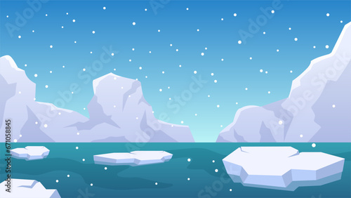 Antarctica iceberg landscape vector illustration. Sea ice landscape with glacier shard and snowfall. Arctic ice land landscape for background, wallpaper or landing page
