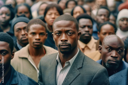 Angry black man with serious gaze looking in a camera and standing in group of people