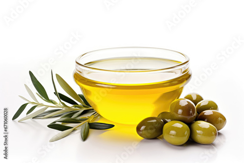 Olive oil in a bowl on white background