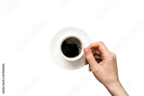 Minimalistic style woman hand holding a cup of coffee on Colored background. Flat lay, top view cappuccino cup. Empty place for text, copy space. Coffee addiction. Top view, flat lay