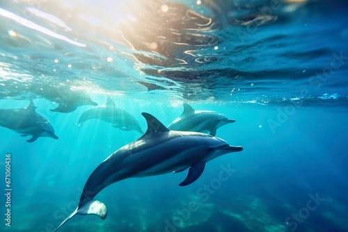 Group of dolphins swim underwater © Goffkein