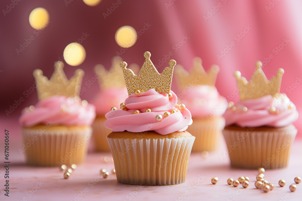 princess themed birthday party: pink cupcakes with golden crown and sprinkles on bokeh background princess themed birthday party: pink cupcakes with golden crown and sprinkles on bokeh background