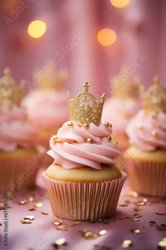 princess themed birthday party: pink cupcakes with golden crown and sprinkles on bokeh background