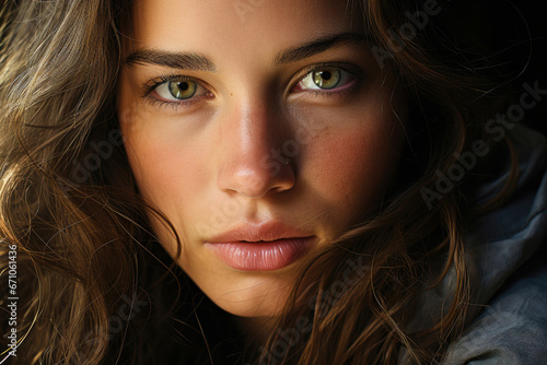 Portrait of an attractive gorgeous sensual young brunette woman with beautiful gaze and natural beauty close up